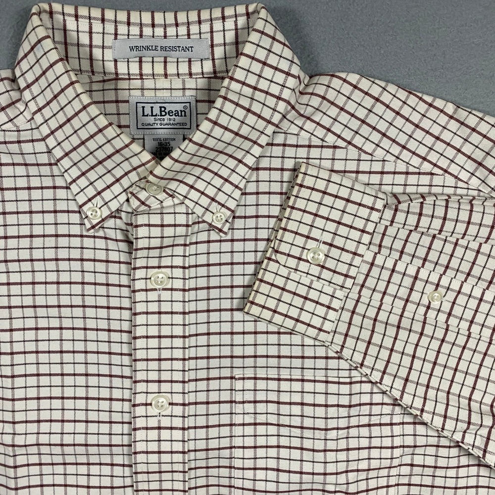 LL Bean Button Down Mens 16-35 Cream Burgundy Tattersall Wrinkle Resistant Shirt